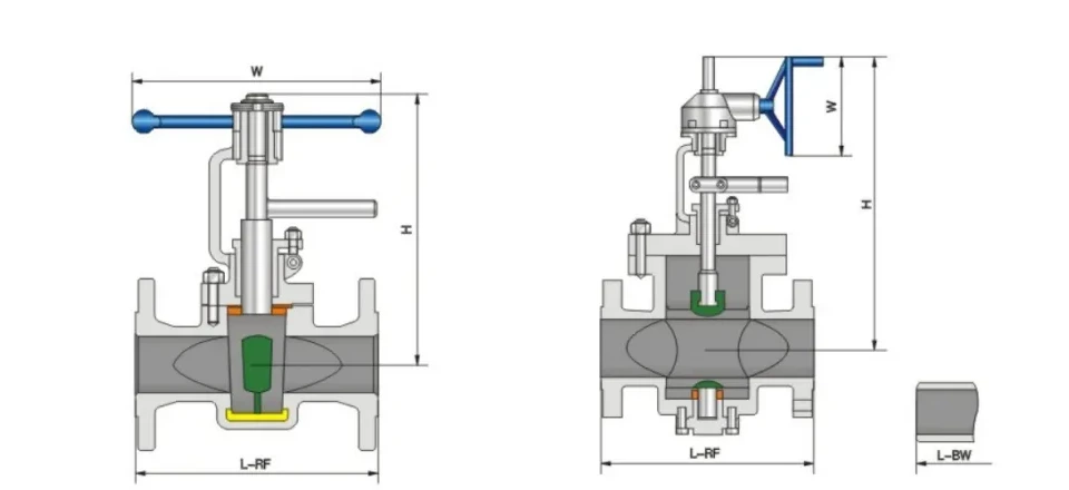 Original ZGV lift plug valve dimension drawings show two operator arrangements, H from the pipe centreline and separate L-RF and L-BW labels.