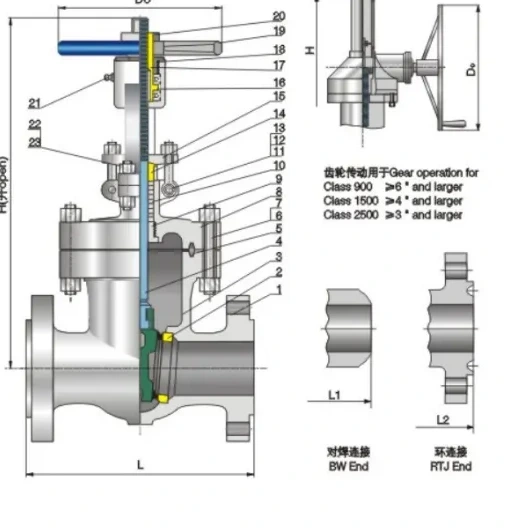 Structure and product views for Bolted valve cover, exposed stem, elastic gate Class900/1500/2500