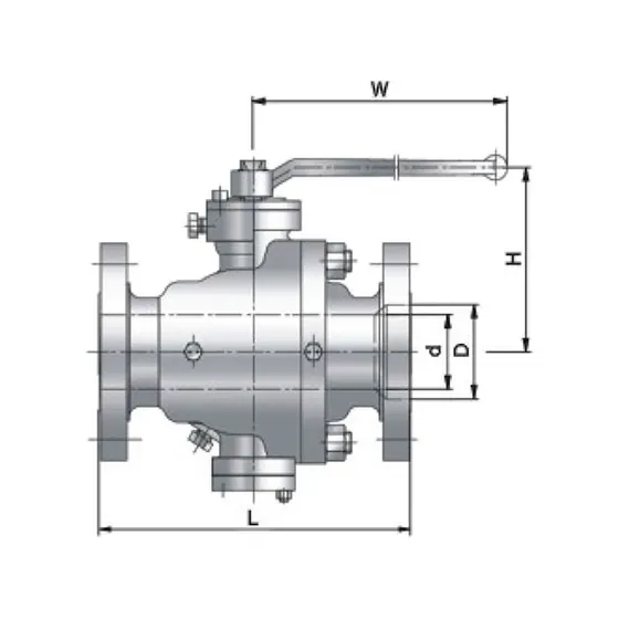 ZGV trunnion-mounted ball-valve catalogue outline showing the flow bore, body length, height and hand lever.