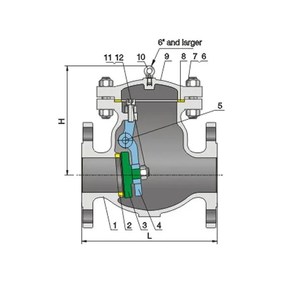 ZGV swing check-valve catalogue section showing the hinged closure, flanged body and bolted cover.