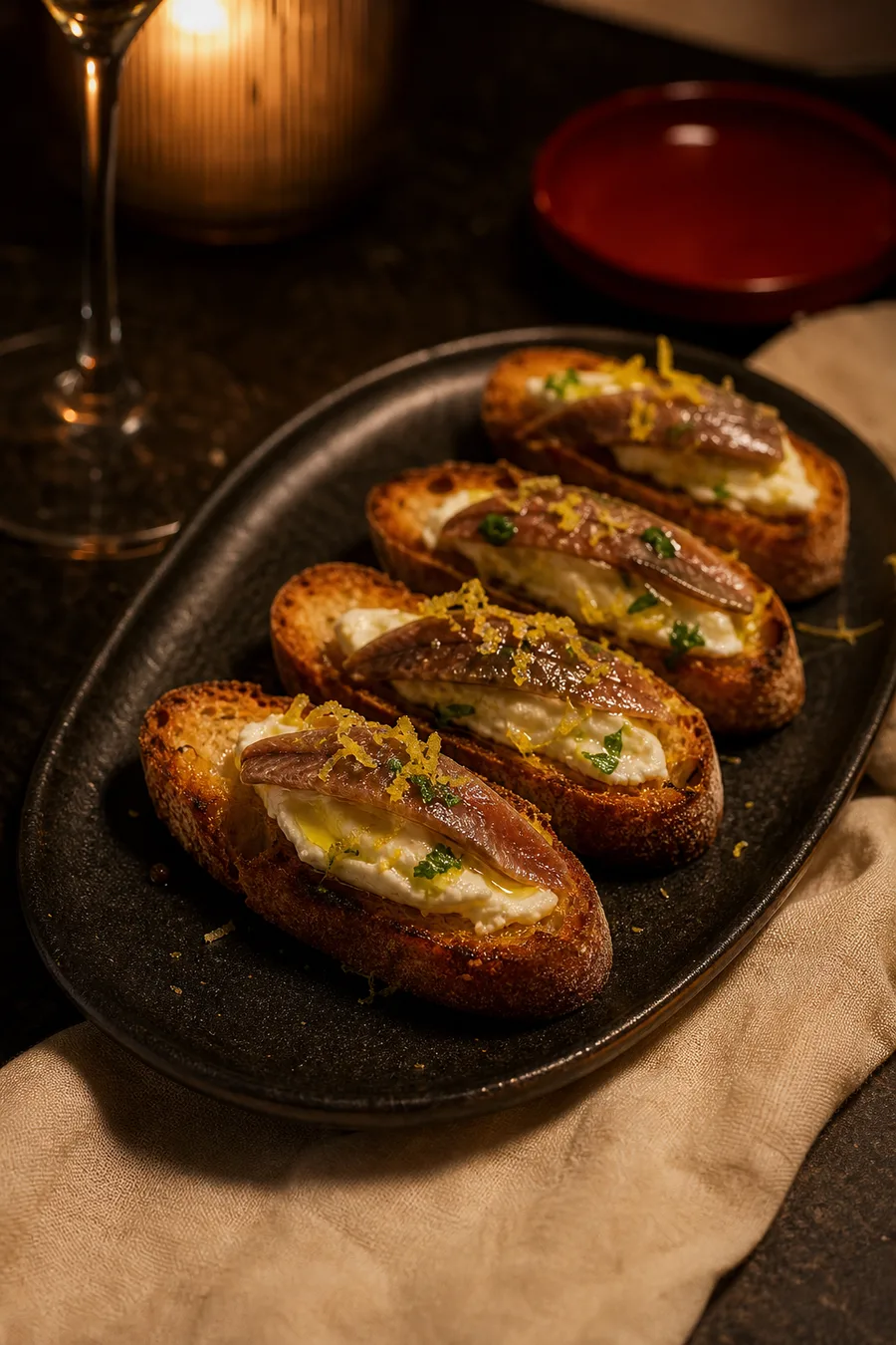 Crostini caldi con acciuga e scorza di limone