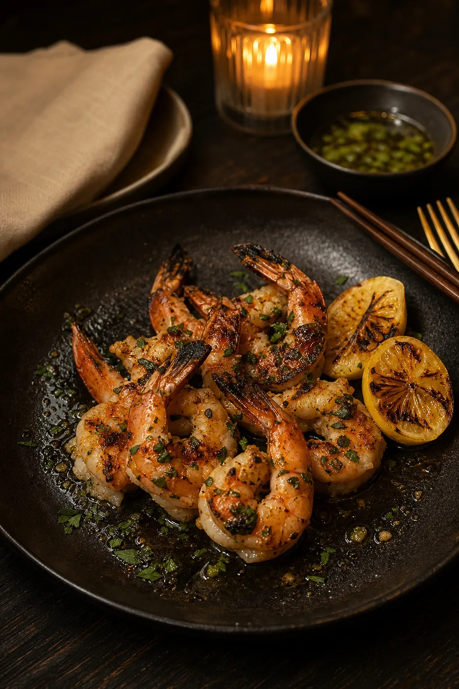 Gamberi alla piastra con limone bruciato