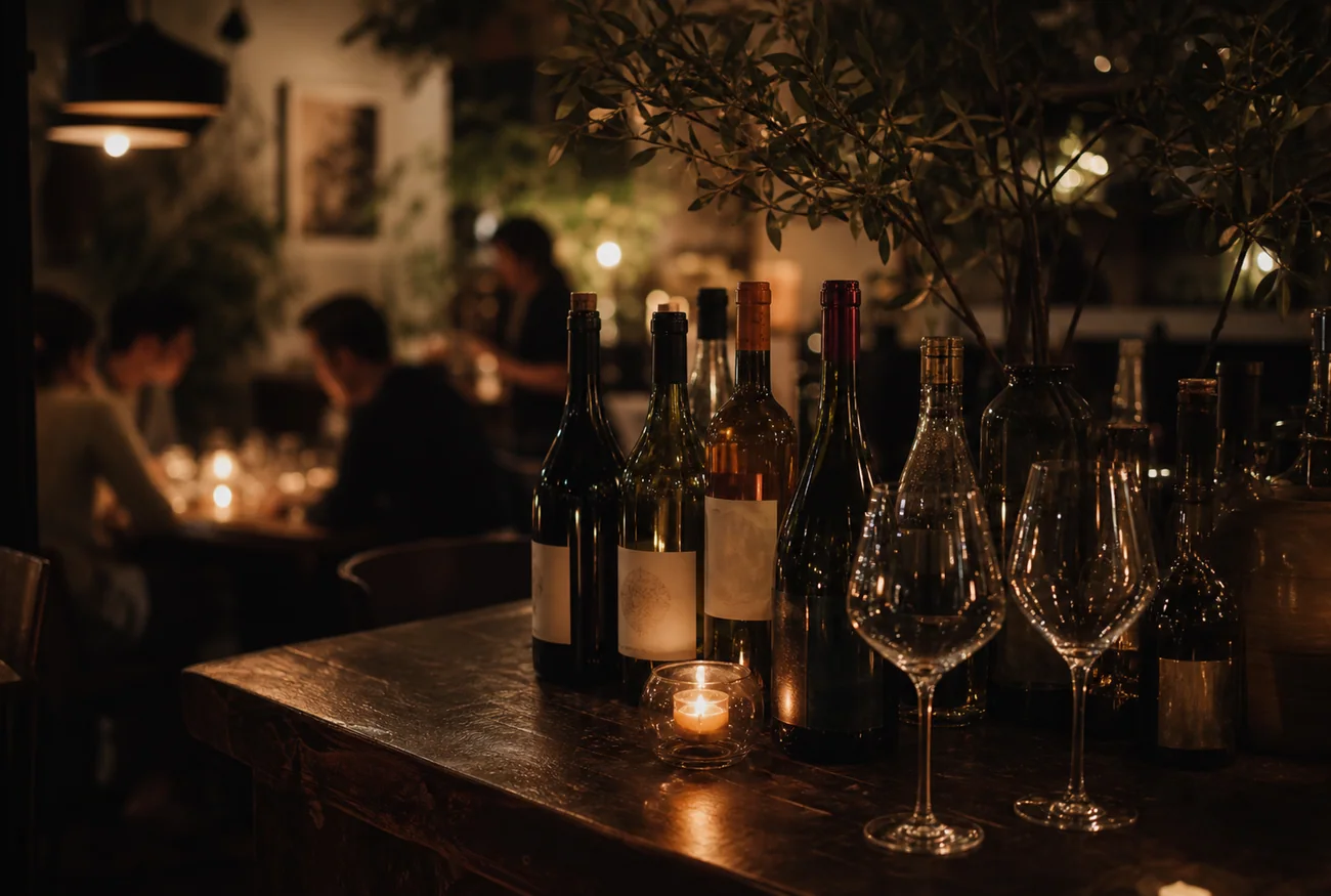 Banco con vini naturali e calici